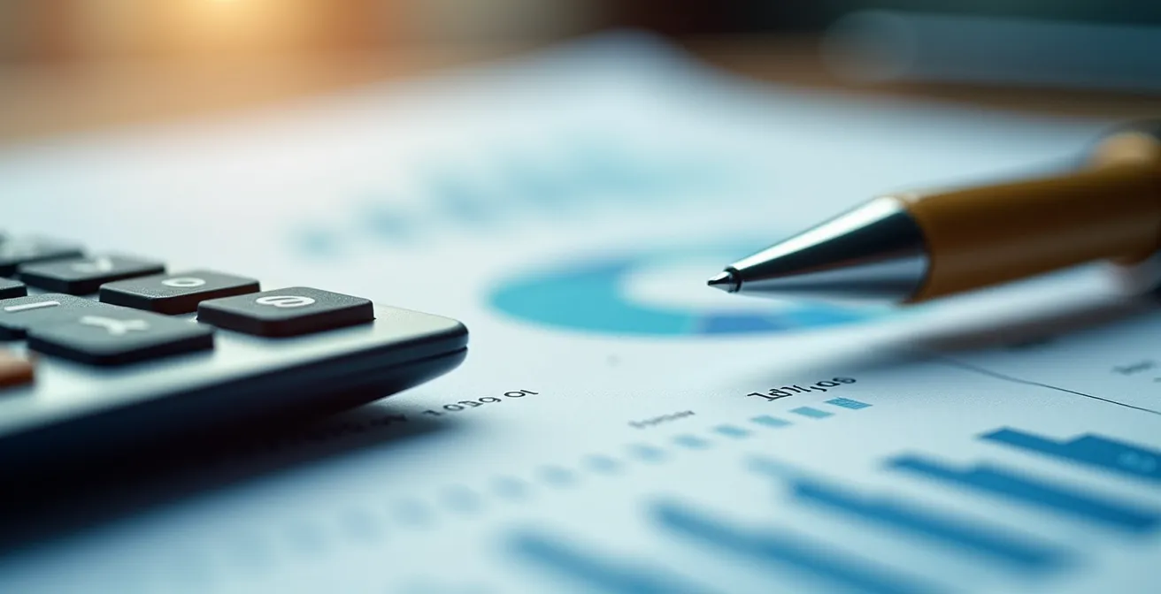 Vue macro de documents comparatifs d'assurance avec calculatrice et stylo