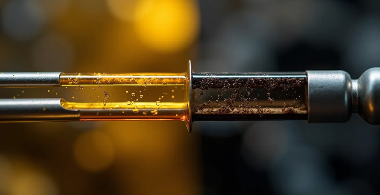 Comparaison visuelle de l'huile moteur propre dorée et huile usée noire sur jauge