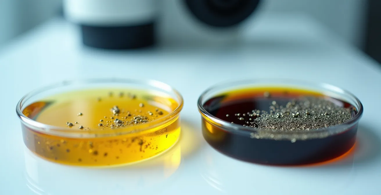 Analyse microscopique comparative d'échantillons d'huile moteur montrant les particules de silice