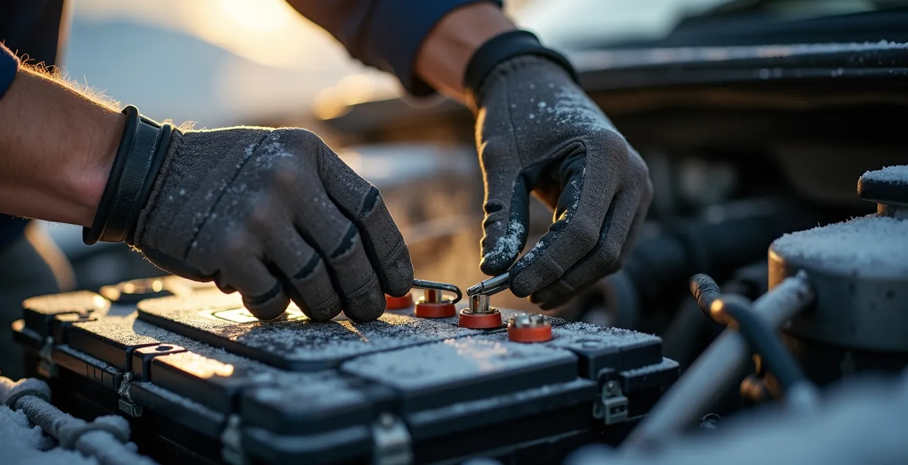 Gros plan sur les bornes d'une batterie avec traces de sulfatation et corrosion blanche caractéristique