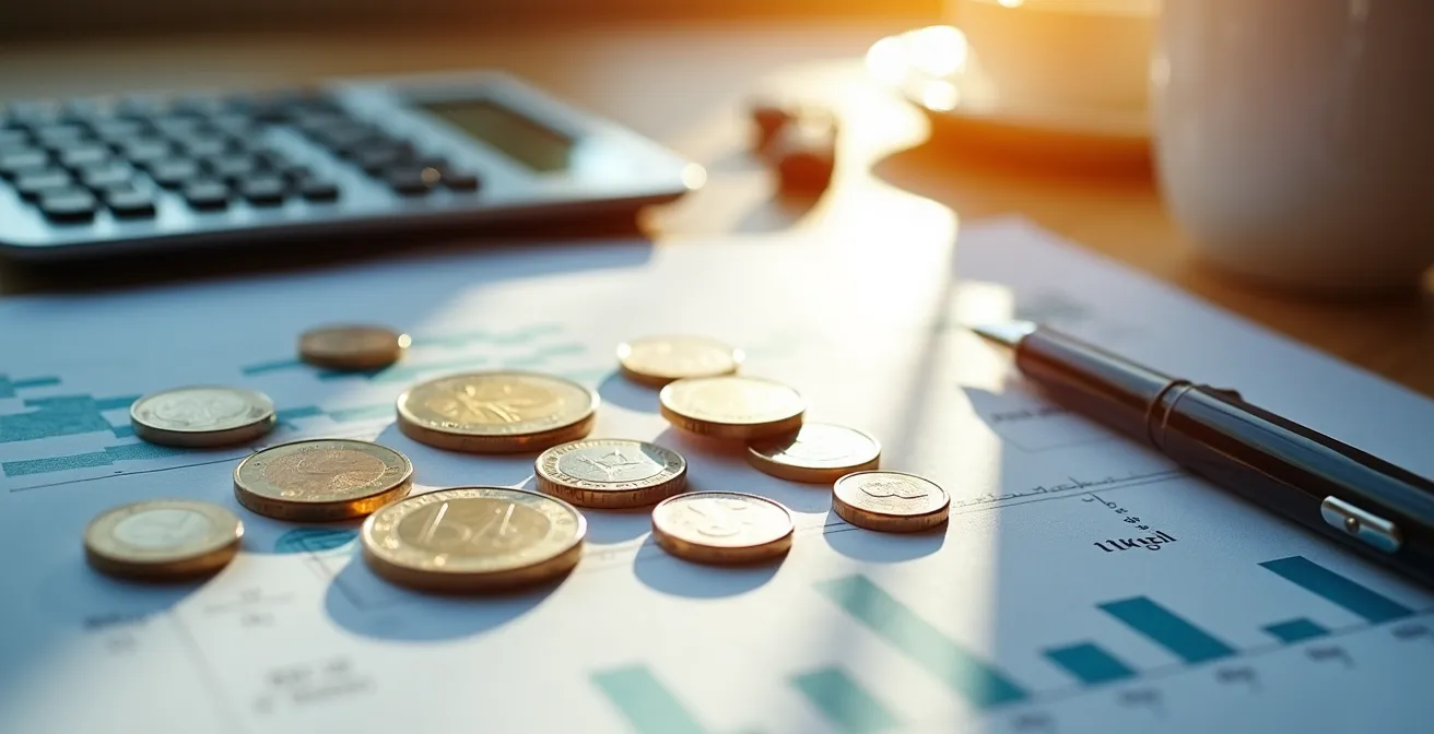 Calculatrice et documents financiers sur un bureau, symbolisant l'arbitrage financier de l'assurance auto.