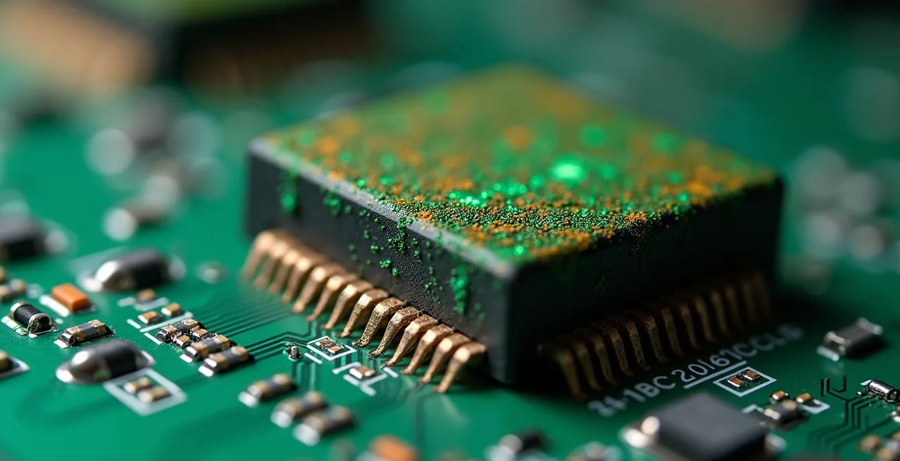 Vue macro de connecteurs électroniques oxydés avec dépôt verdâtre sur circuit imprimé