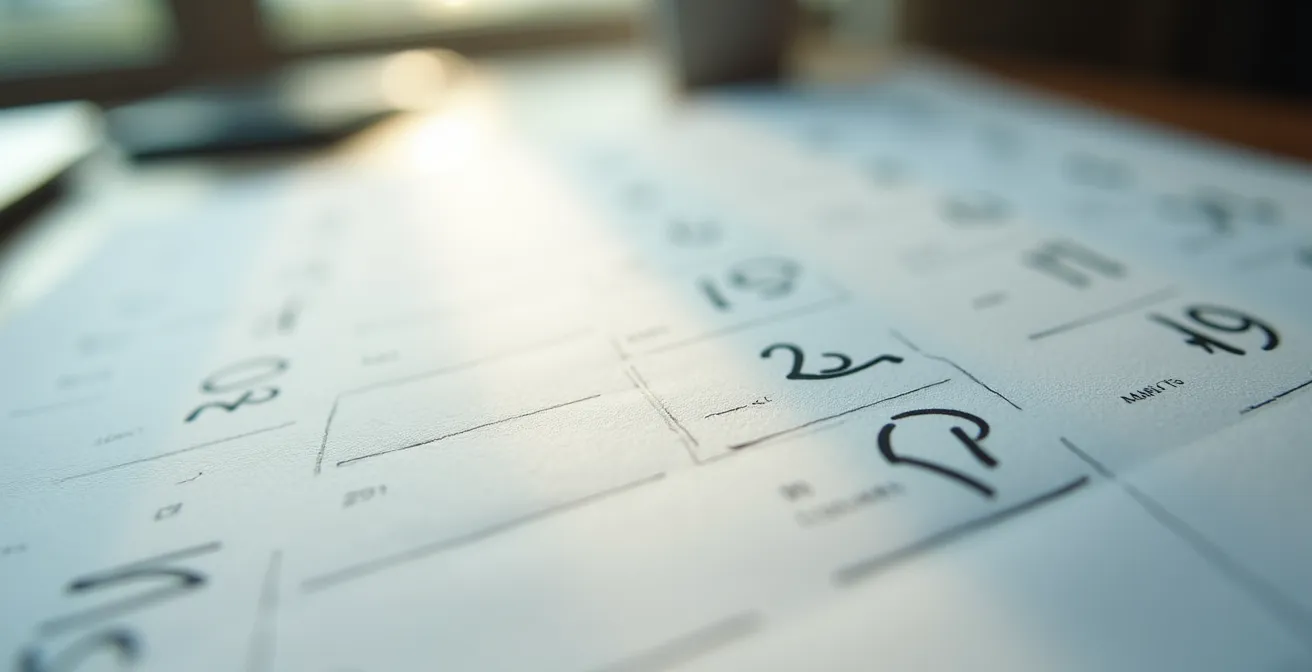 Vue macro de pages de calendrier avec des factures floues en arrière-plan