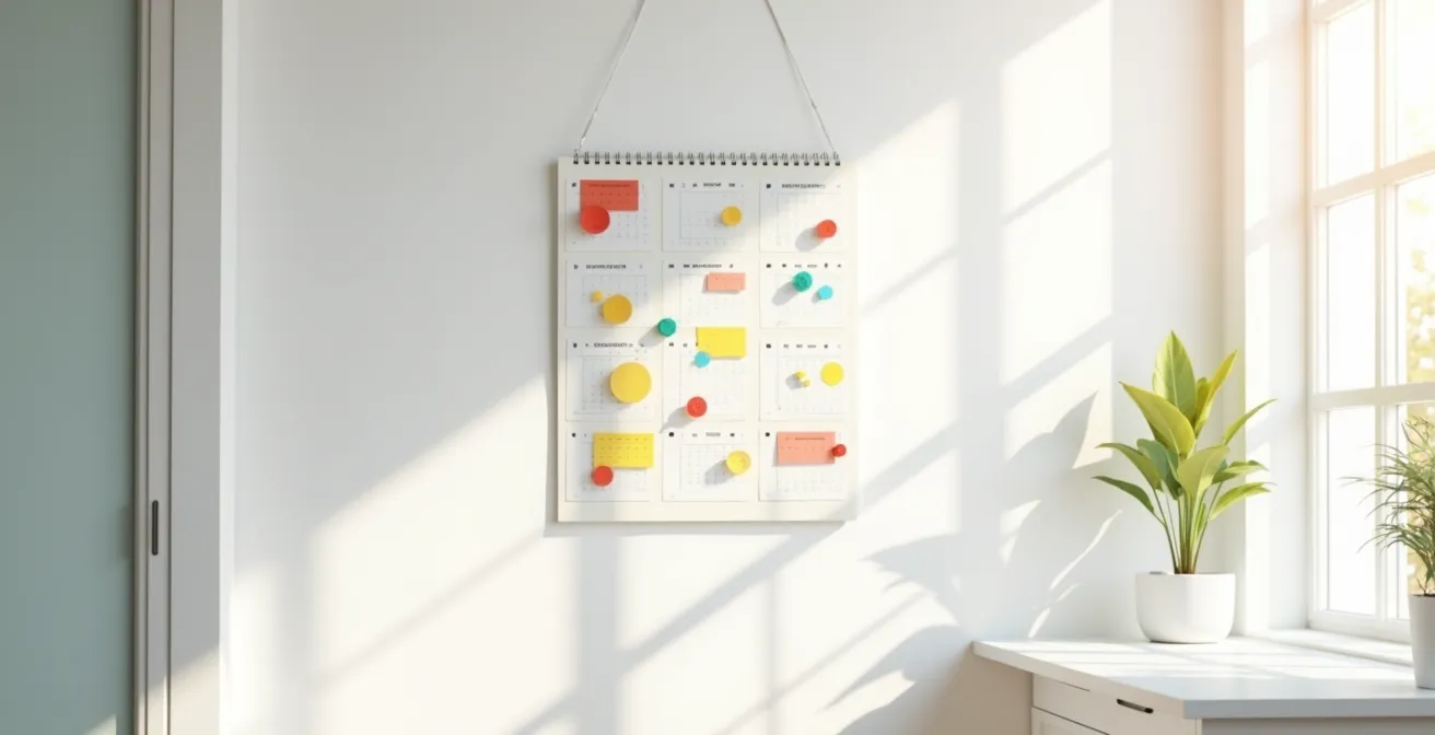 Calendrier mural avec marqueurs colorés indiquant les délais de récupération de points