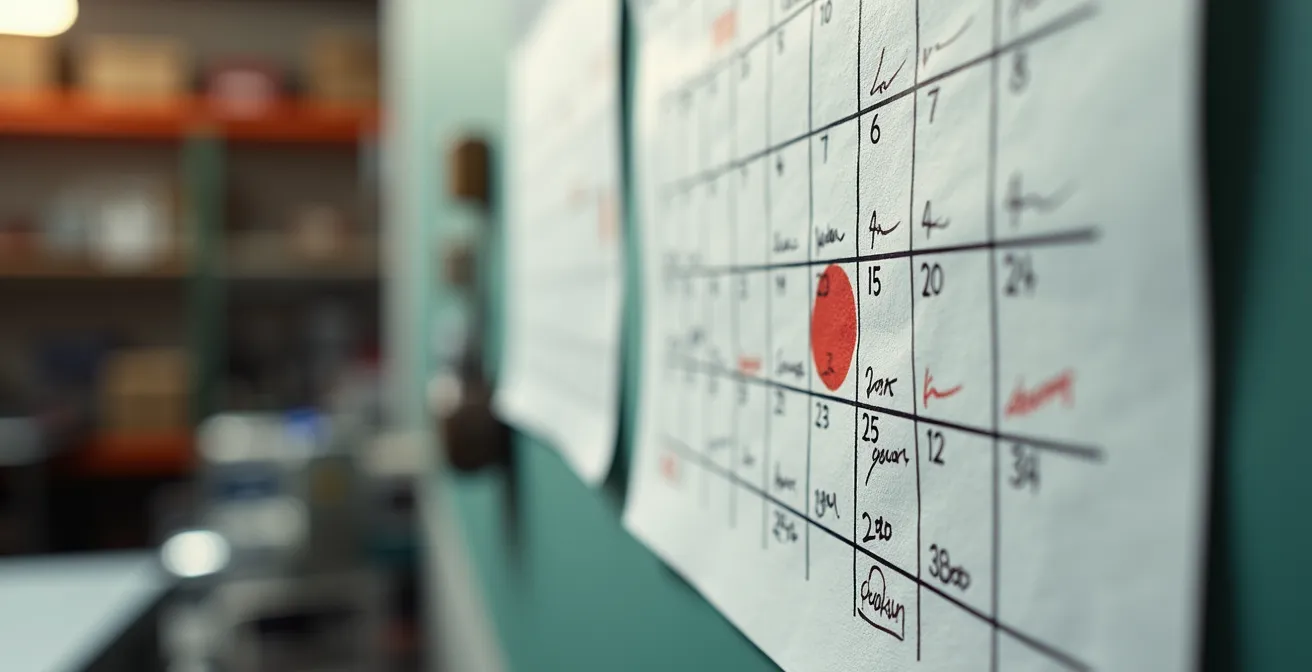 Vue macro d'un calendrier avec marqueur rouge sur date limite