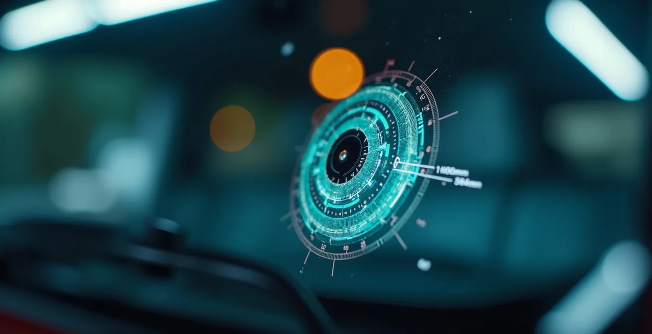 Technicien effectuant le calibrage d'une caméra ADAS avec des mires de calibration