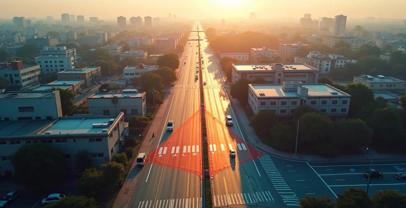 Vue aérienne d'une ville avec zones colorées représentant les ZFE et les itinéraires de contournement
