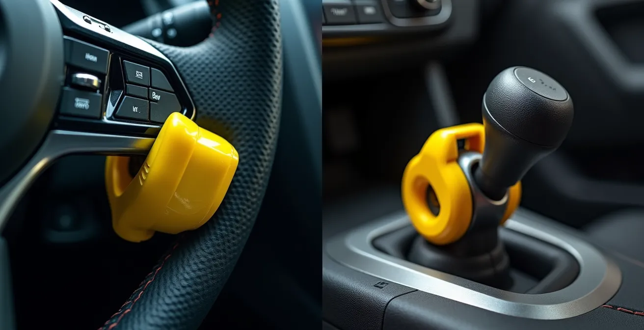 Comparaison visuelle entre une canne de volant et un bloque-levier installés dans une voiture