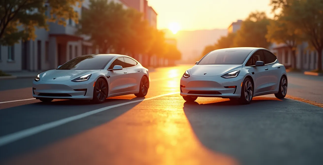 Vue latérale minimaliste de deux citadines électriques avec représentation abstraite de leur autonomie