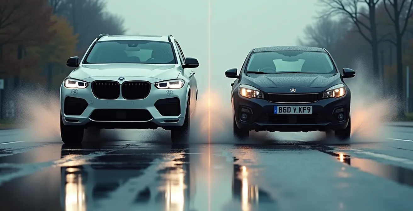 Comparaison visuelle entre SUV et citadine en situation de freinage montrant le transfert de masse