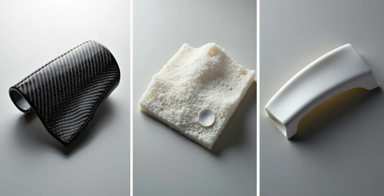 Trois échantillons de matériaux côte à côte montrant les textures carbone, fibre de verre et ABS