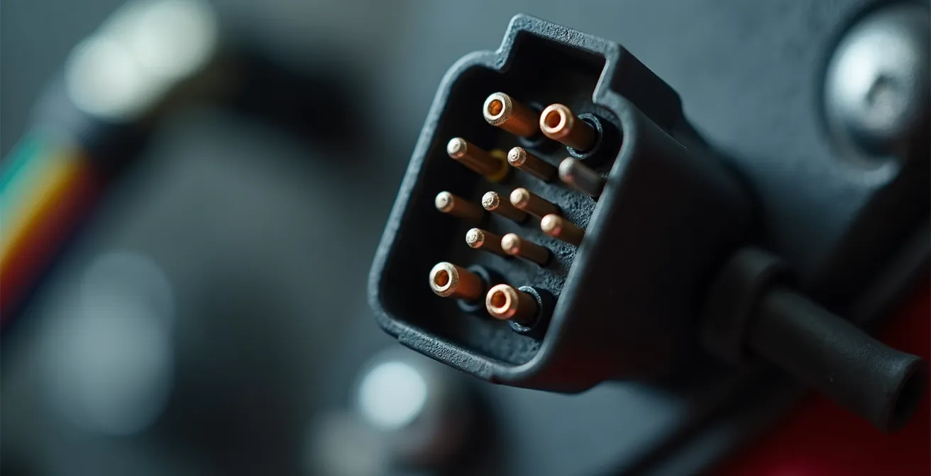 Vue détaillée d'un connecteur de rétroviseur automobile montrant les broches de connexion