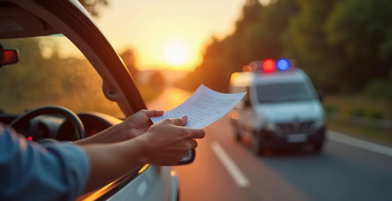 Vue grand angle d'un contrôle routier sur route française avec véhicule arrêté