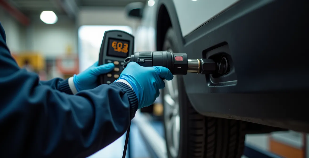 Sonde d'analyse des gaz d'échappement connectée à un pot d'échappement lors d'un contrôle technique