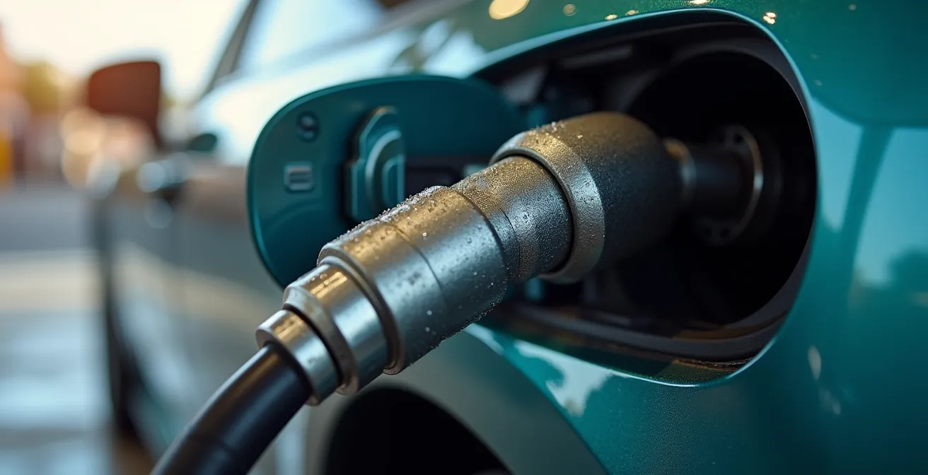 Pistolet de pompe E85 inséré dans le réservoir d'une voiture moderne