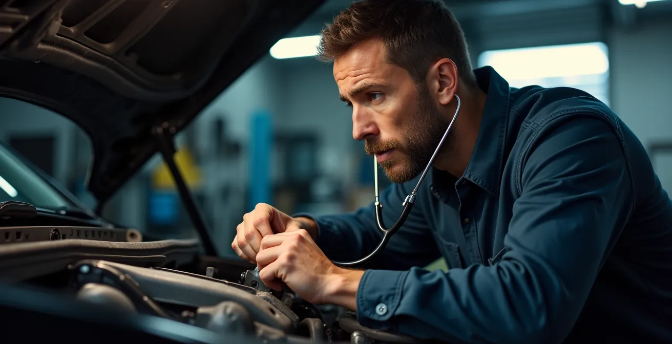 Mécanicien utilisant un stéthoscope de diagnostic sur un moteur automobile