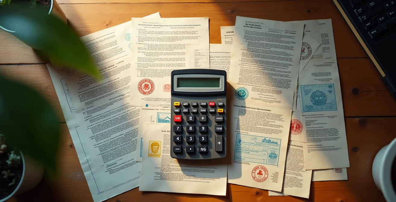 Documents d'importation automobile éparpillés sur une table avec calculatrice