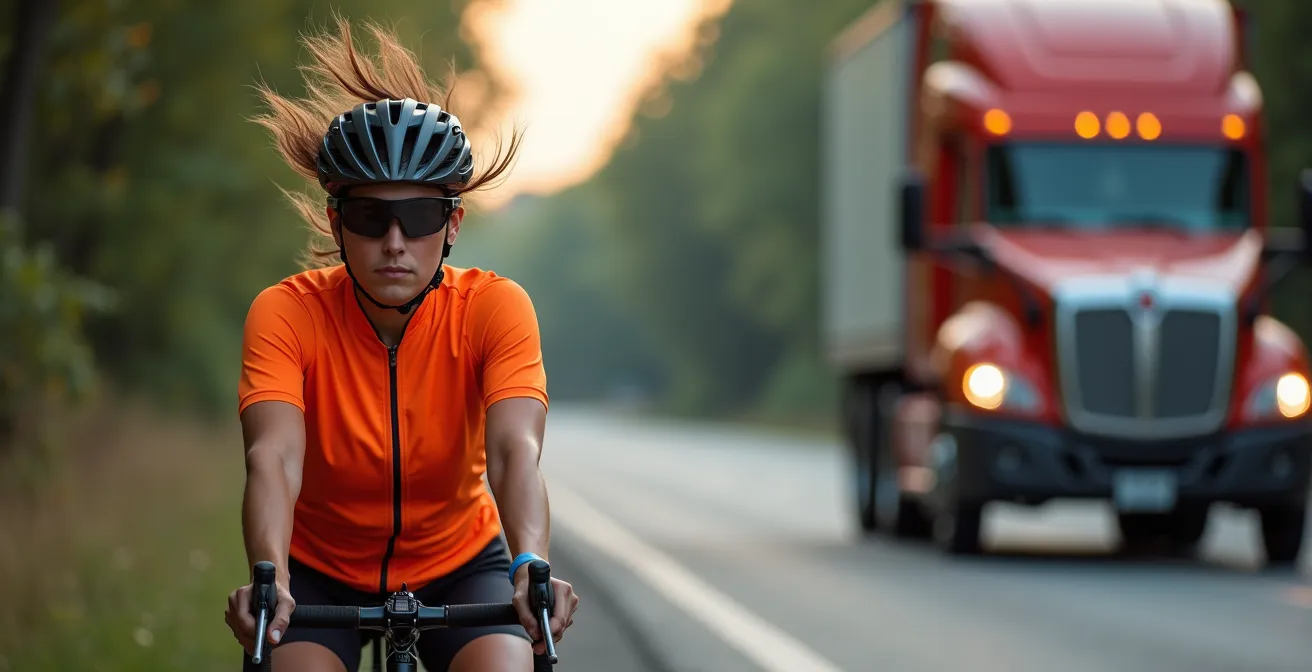 Vue latérale montrant l'effet de souffle d'un SUV sur un cycliste lors d'un dépassement