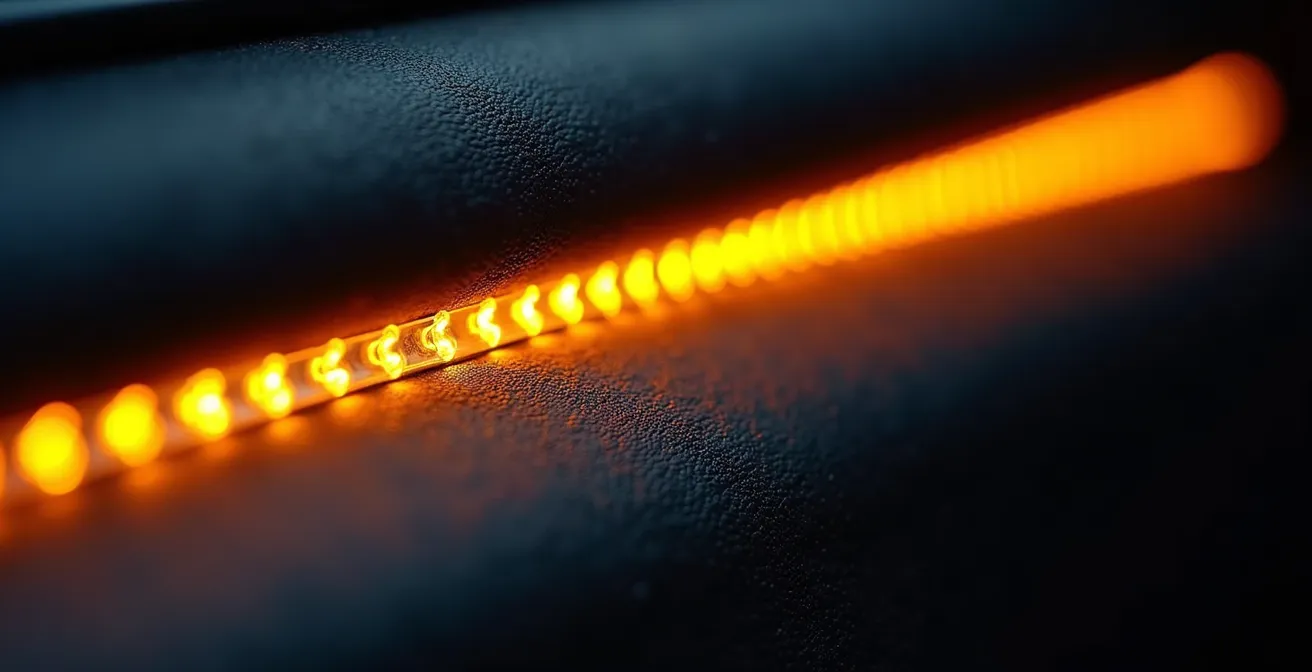 Vue macro détaillée de fibres optiques LED installées le long d'une portière de voiture avec diffusion lumineuse indirecte