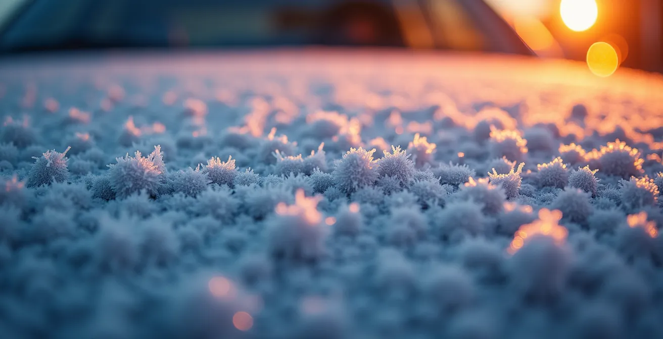 Détail macro de givre sur une surface de voiture avec effet de chaleur en arrière-plan