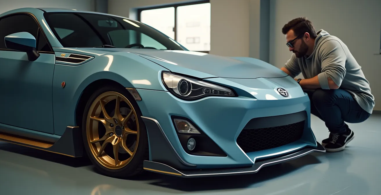 Vue latérale d'une voiture grise avec jantes bronze et touches de couleur bleue coordonnées