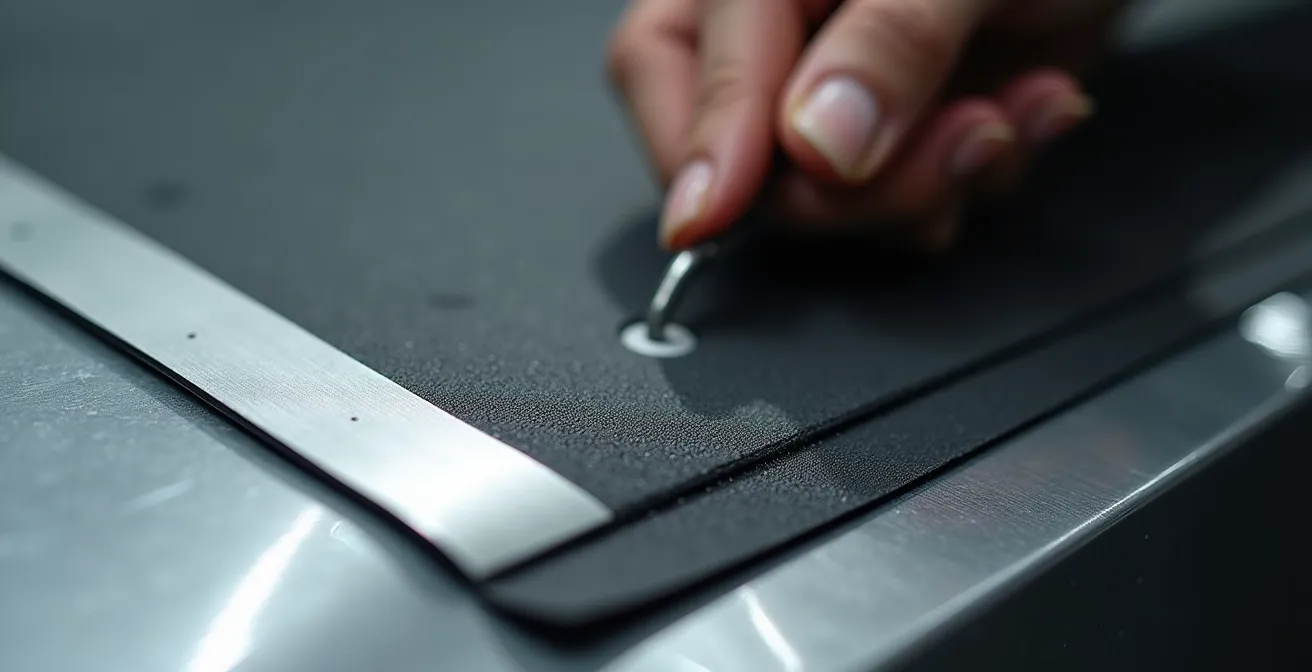 Vue macro de l'installation de matériau BAM sur la tôle intérieure d'une portière automobile