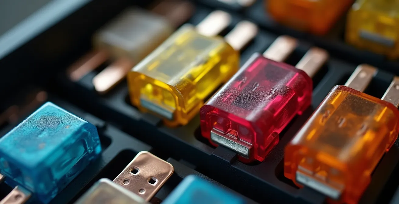 Vue macro d'une boîte à fusibles automobile avec des connexions électriques colorées et des fusibles de différentes intensités.