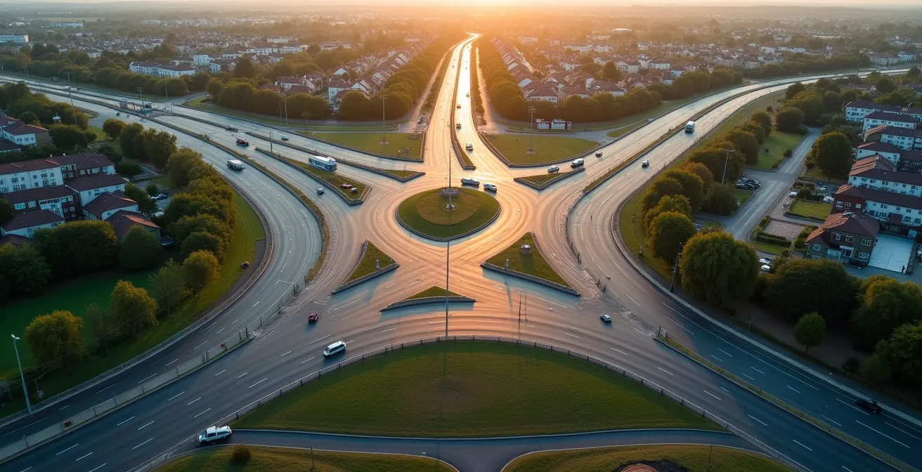 Vue aérienne d'un carrefour routier avec véhicules contournant une zone urbaine