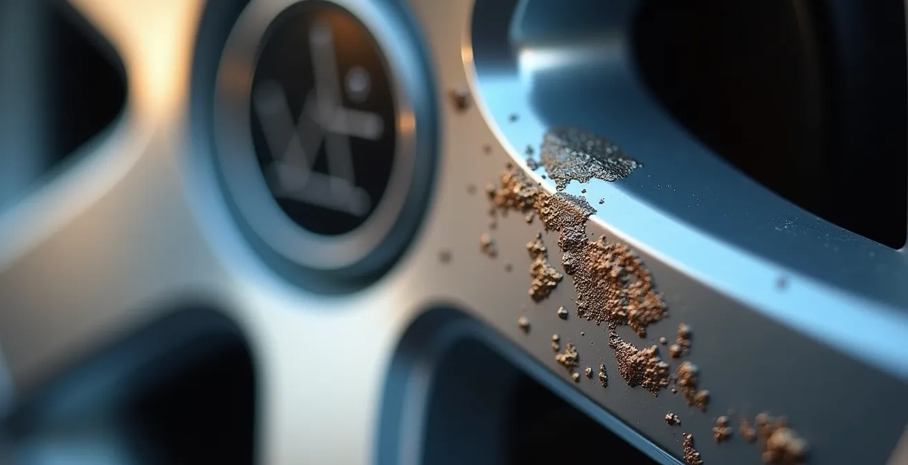 Vue macro détaillée d'une jante aluminium montrant différents types de dommages