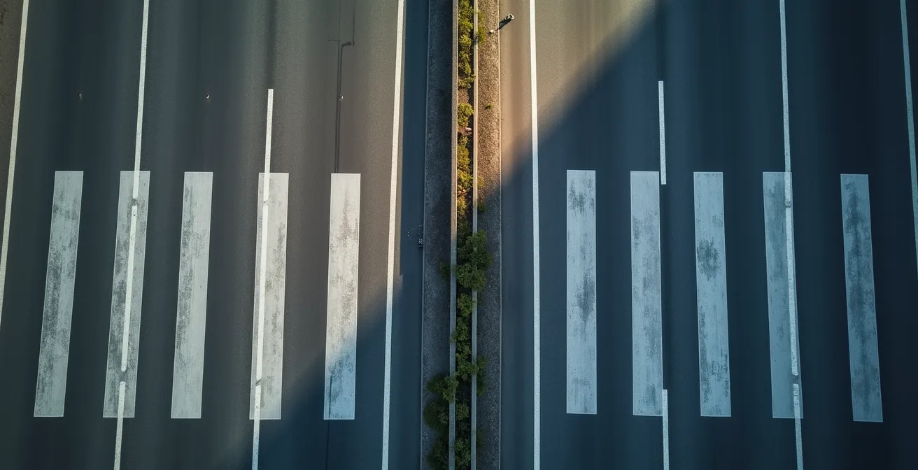 Vue aérienne des marquages au sol sur autoroute montrant l'espacement de sécurité