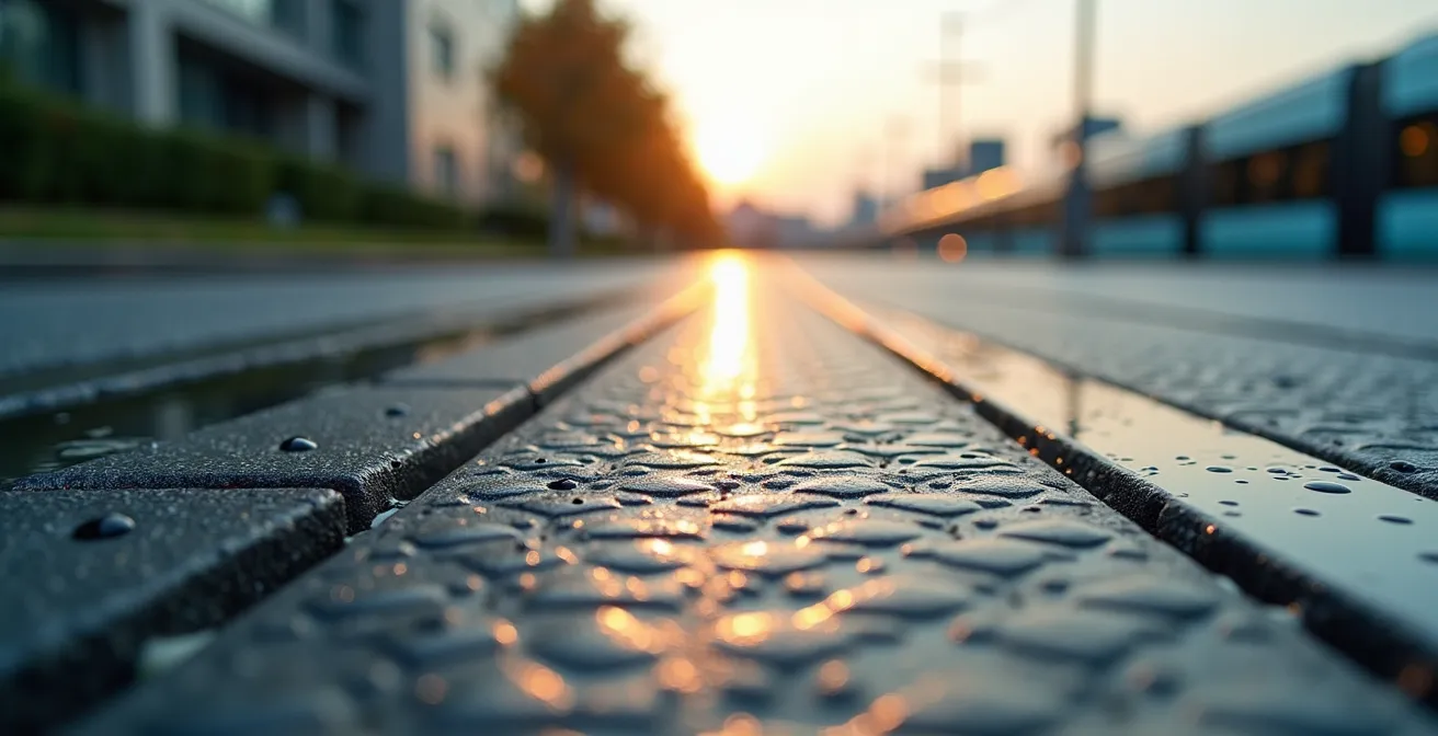 Parking relais moderne avec tramway en arrière-plan et véhicules stationnés