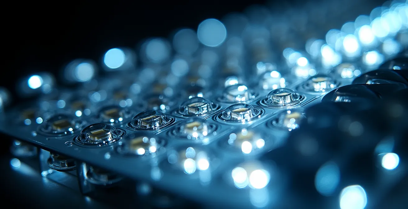 Détail technologique d'un phare LED automobile moderne montrant sa complexité
