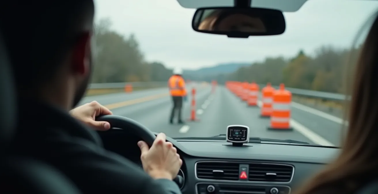 Radar autonome installé dans une zone de travaux sur autoroute avec signalisation temporaire