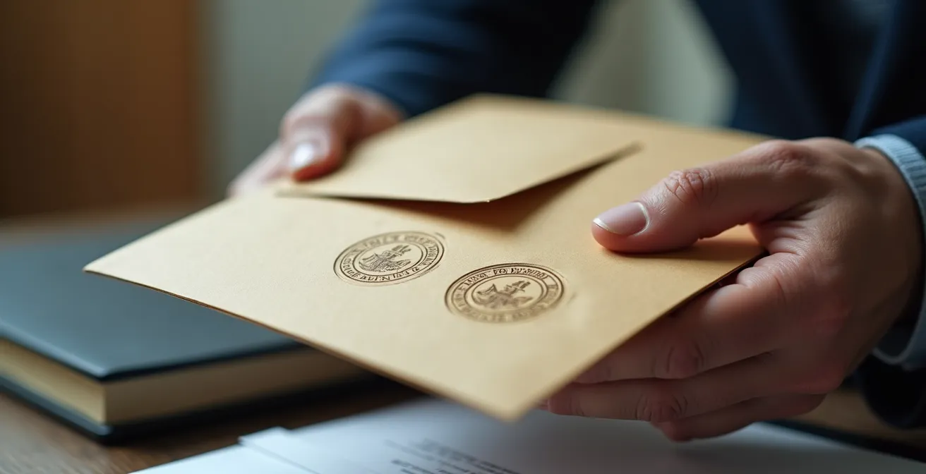 Main tenant une enveloppe officielle devant un guichet de bureau administratif