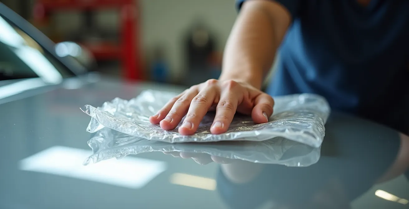 Main dans un sac plastique testant la rugosité de la carrosserie automobile