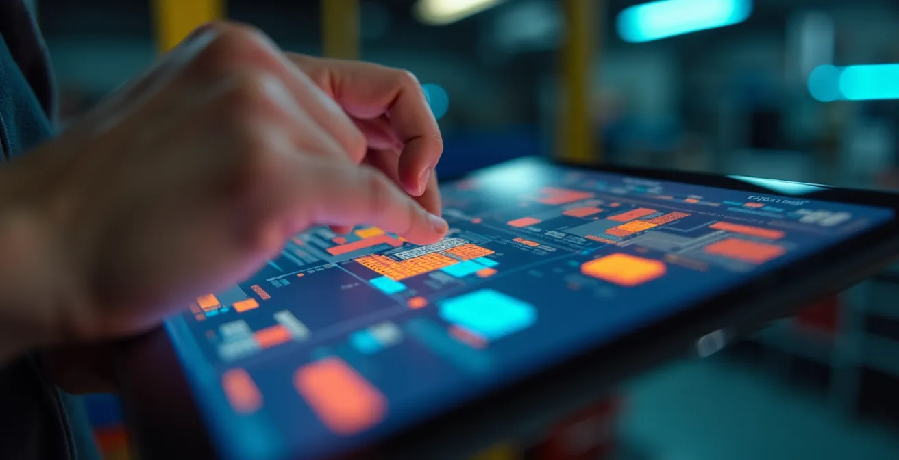 Mécanicien consultant une base de données sur une tablette dans un atelier automobile pour vérifier les campagnes de rappel.