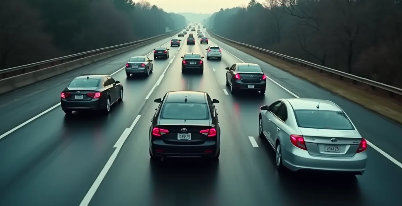Vue arrière d'une voiture banalisée dans le flux de circulation autoroutier