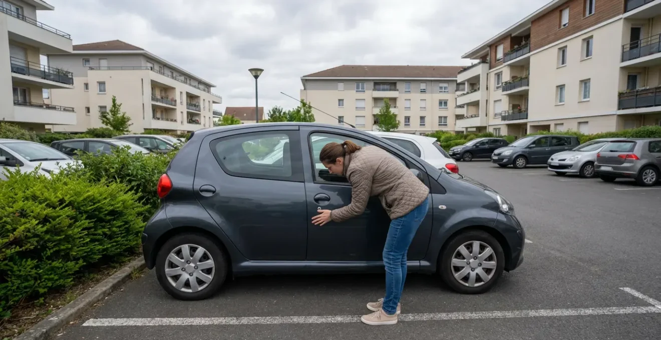 Automobiliste vérifiant son véhicule dans un parking résidentiel avant de choisir son assurance auto