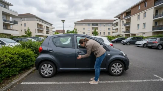 Automobiliste vérifiant son véhicule dans un parking résidentiel avant de choisir son assurance auto