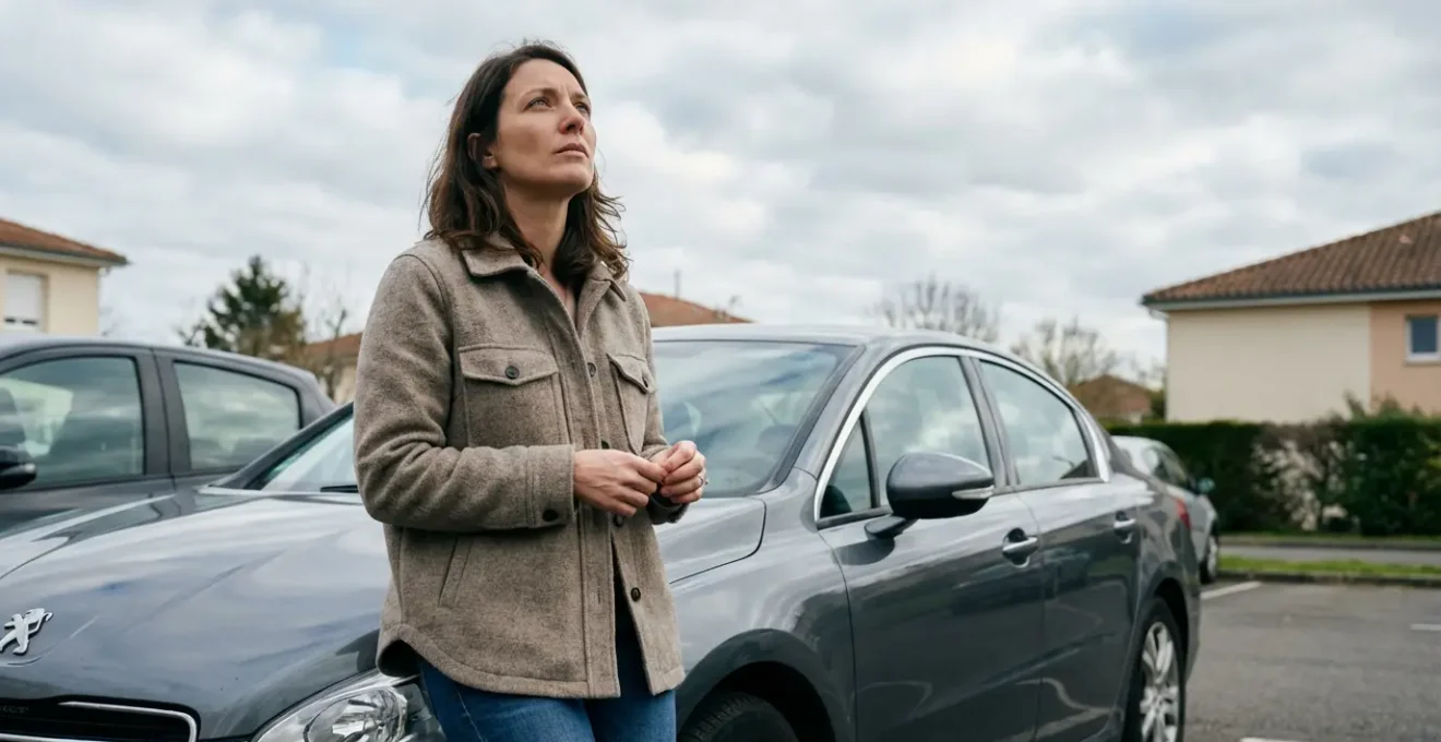 Automobiliste française pensive près de sa berline dans un parking résidentiel