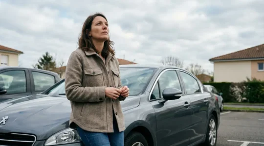 Automobiliste française pensive près de sa berline dans un parking résidentiel