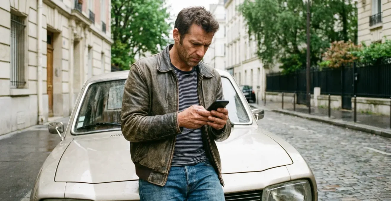 Homme quarantenaire consultant son smartphone appuyé contre sa voiture en rue résidentielle