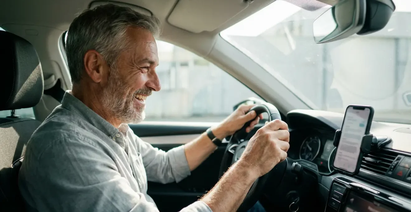 Conducteur consultant son attestation d'assurance temporaire sur smartphone au volant