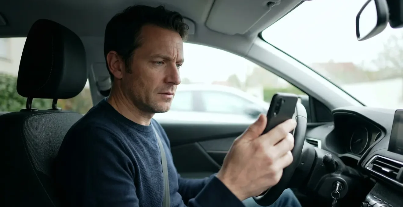 Conducteur français consultant son smartphone au volant pour comparer devis assurance auto