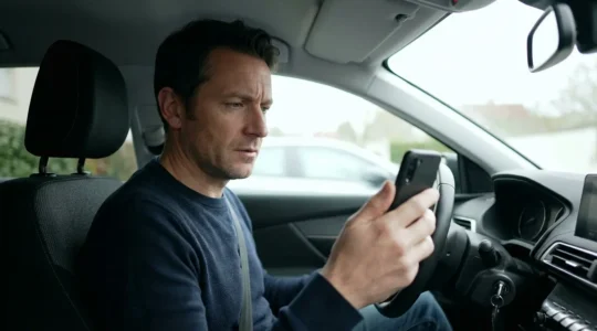 Conducteur français consultant son smartphone au volant pour comparer devis assurance auto