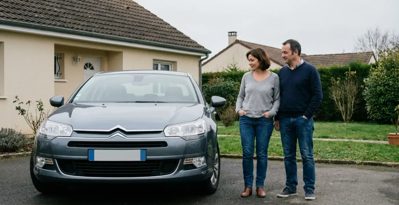 Couple français discutant devant leur véhicule familial pour choisir leur assurance auto