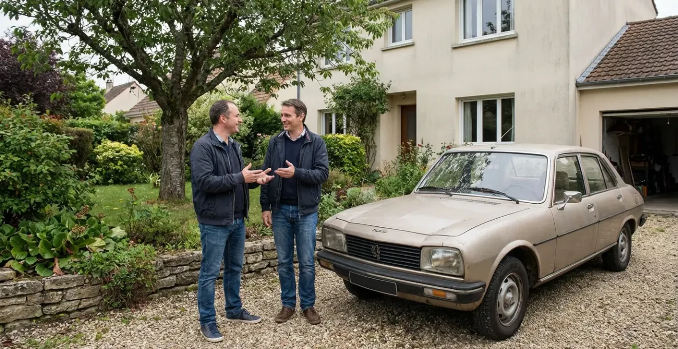 Couple discutant du choix de leur formule d'assurance auto devant leur véhicule