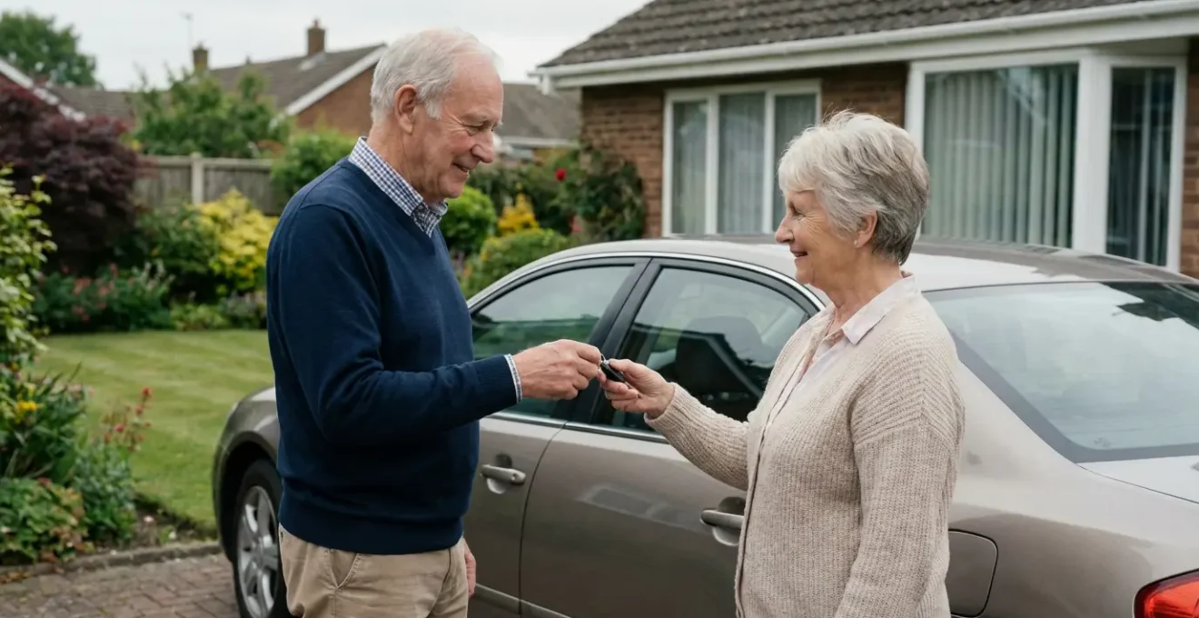 Échange de clés de voiture entre deux personnes dans un contexte familial pour assurance temporaire