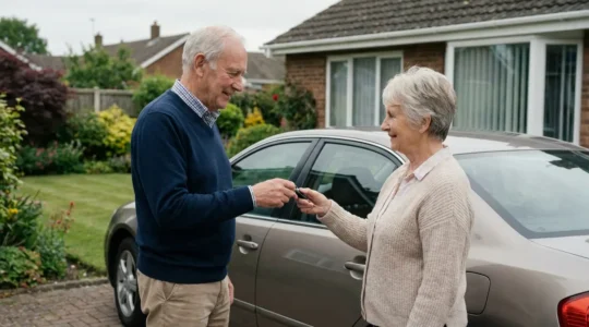 Échange de clés de voiture entre deux personnes dans un contexte familial pour assurance temporaire