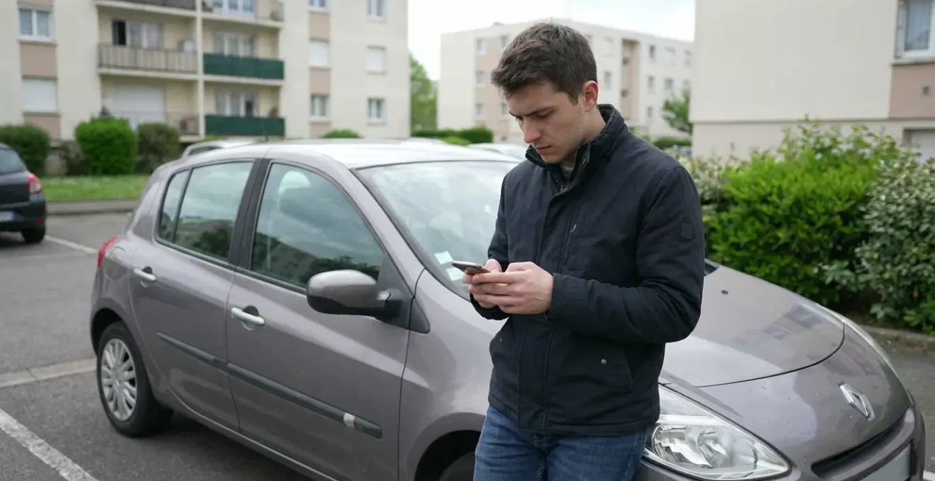 Jeune conducteur français consultant son smartphone près de sa voiture compacte dans un parking résidentiel